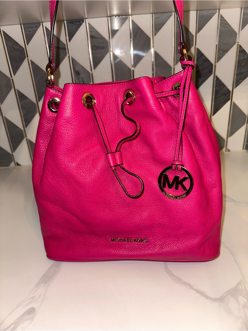 Michael Kors Fuchsia Pink Pebbled Leather Drawstring Bucket Bag